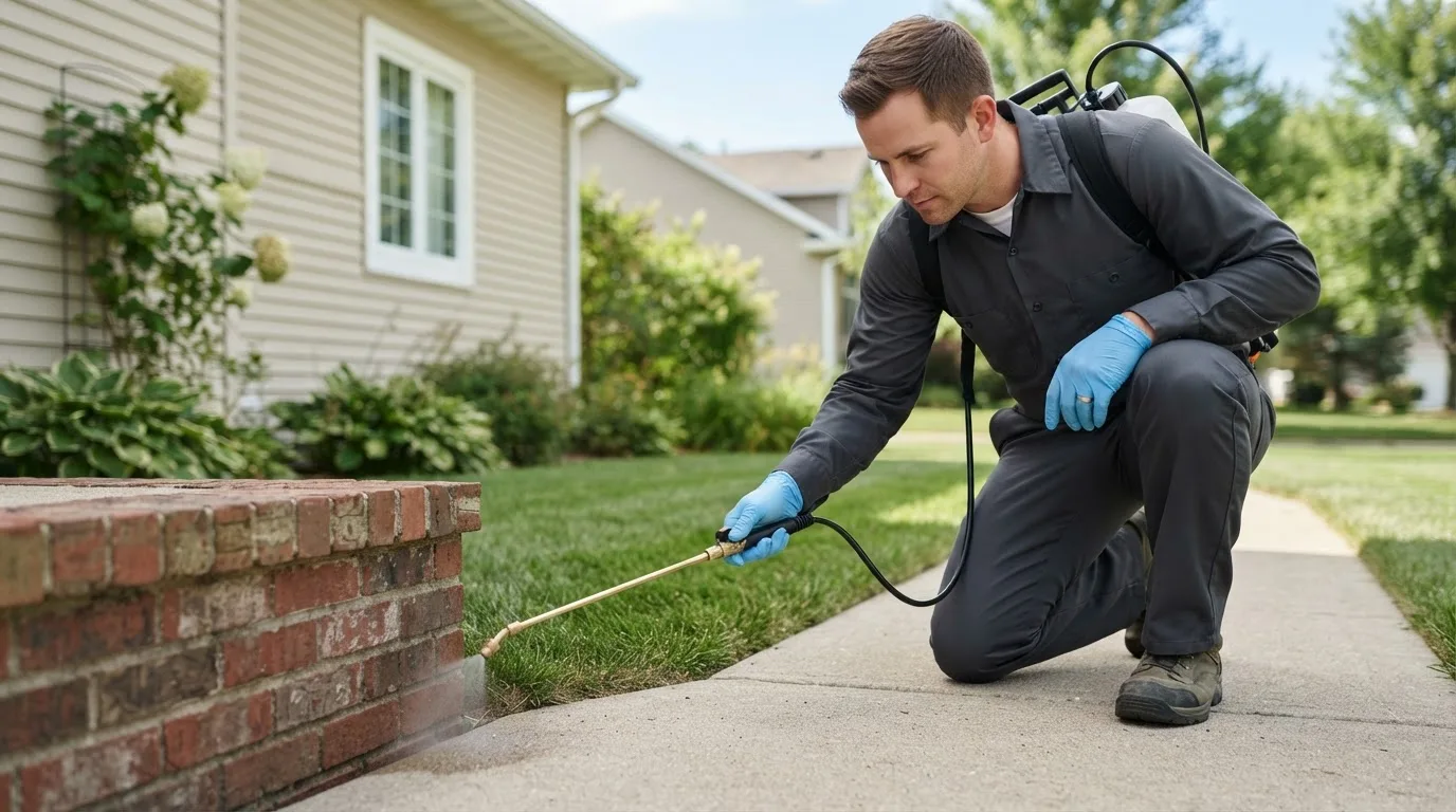 Pest control technician treating a home near Washburn, ND